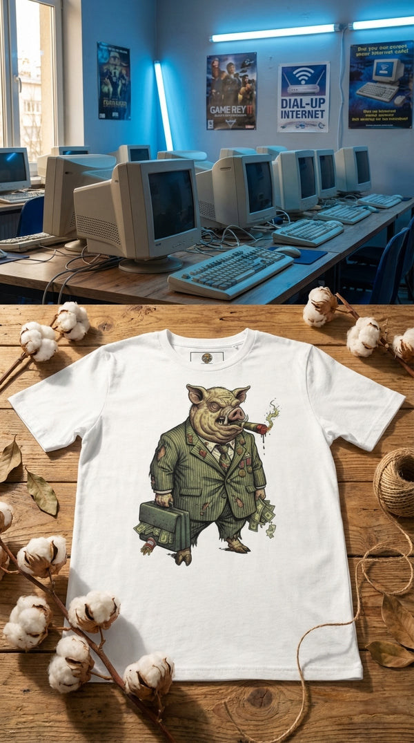 Capitalist Pig Boss Organic Cotton T-Shirt - GOTS Certification Hero in Internet Cafe - 90s Retro Sustainable