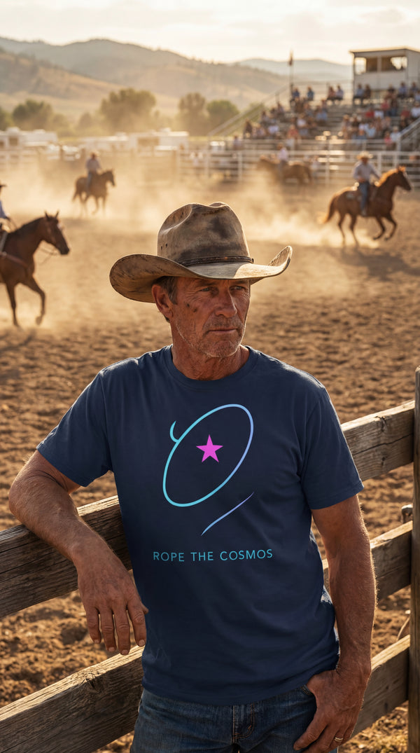 Rope the Cosmos – Organic Cotton Western Graphic Tee - Rodeo Spectator in Rodeo Arena - 90s Retro Sustainable
