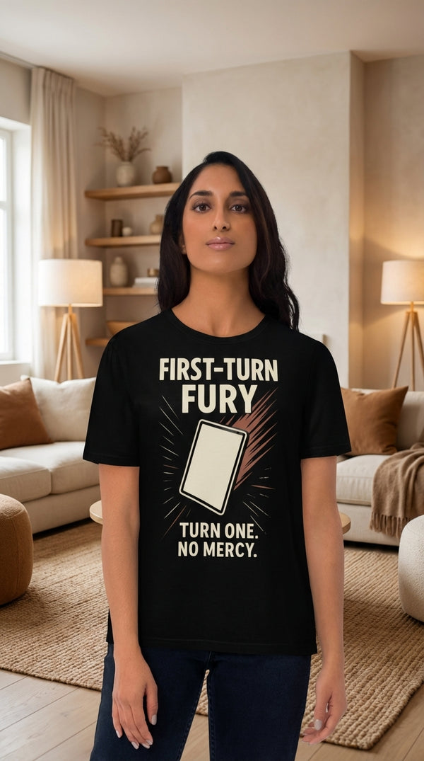 Organic Cotton T-Shirt Unisex First Turn Fury - Female Model in Living Room - Mana Color Aesthetic