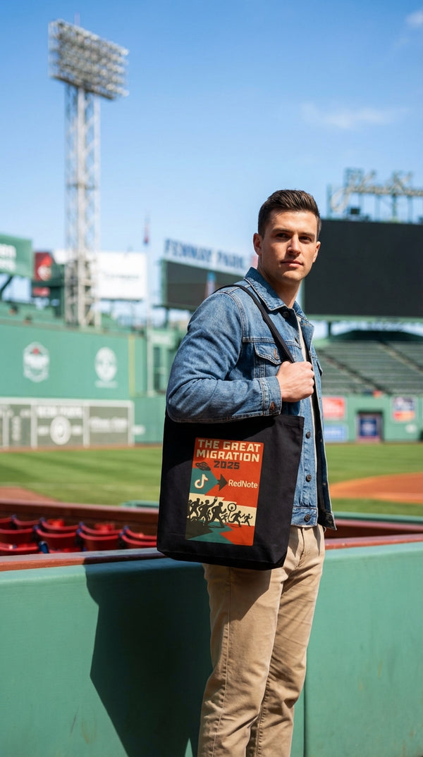 Organic Cotton Tote - Great Migration 2025 Exodus - Male Model in Fenway Park - 90s Retro Sustainable