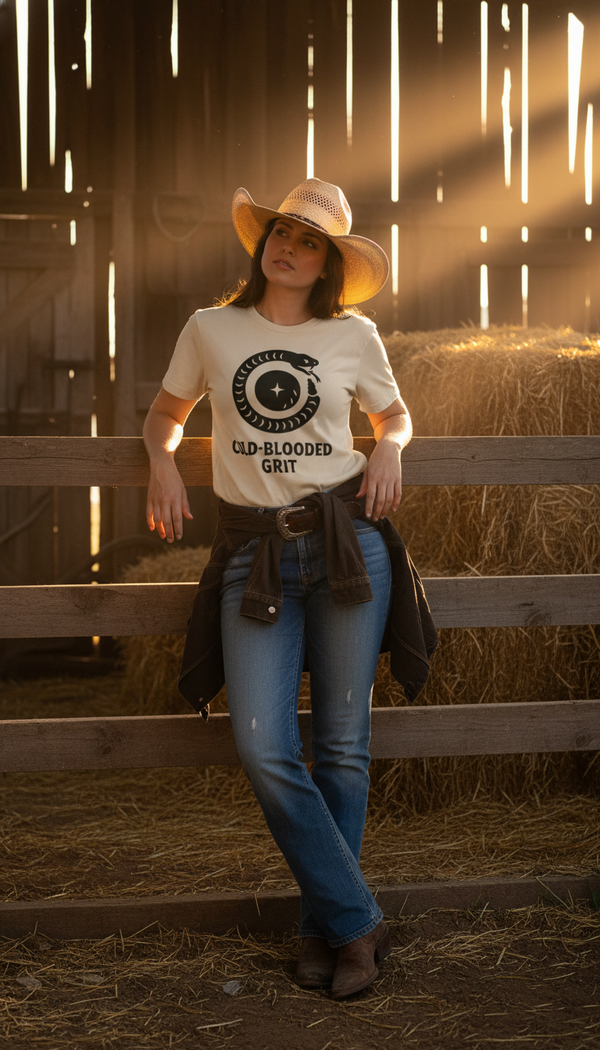 Cold-Blooded Grit Rattlesnake Emblem – Organic Cotton Western T-Shirt - Cowgirl Model in Rustic Barn - 90s Retro Sustainable