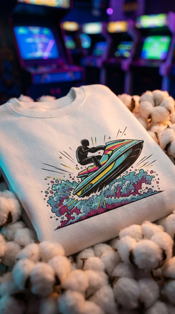 Retro Comic Jet Ski Organic Cotton Sweatshirt - GOTS Certification Hero in Neon Arcade Alley - 90s Retro Sustainable