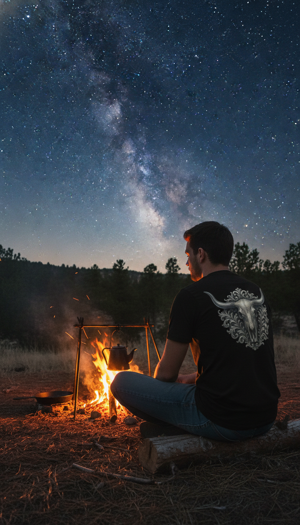 Ornate Longhorn Skull Organic Cotton T-Shirt - Campfire Storyteller in Campfire at Night - 90s Retro Sustainable
