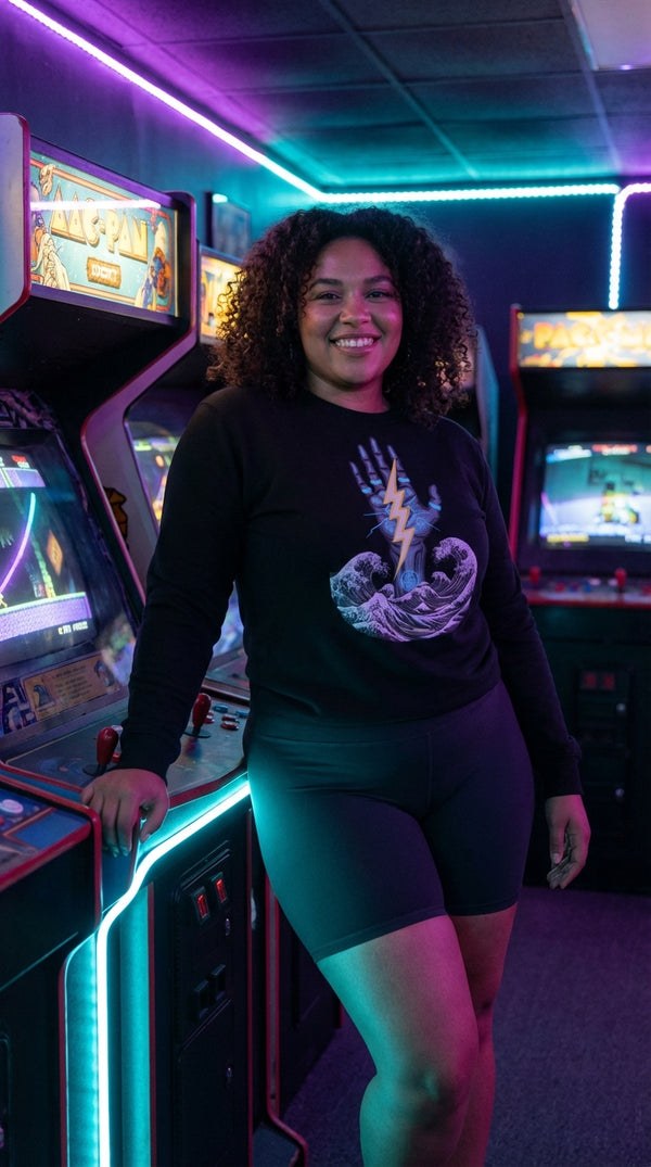 Electric Wave Organic Gamer Sweatshirt - Retro Plus Arcade in RGB Gaming Room - Legendary Pull