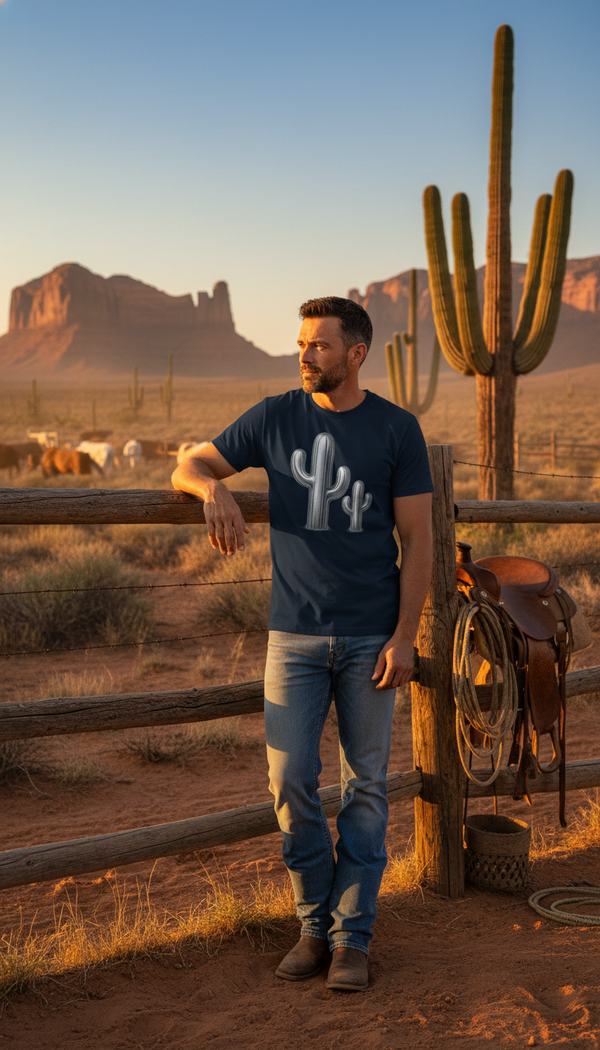 Chromed Saguaro Cacti Organic Cotton T-Shirt - Modern Rancher in Desert Canyon - 90s Retro Sustainable