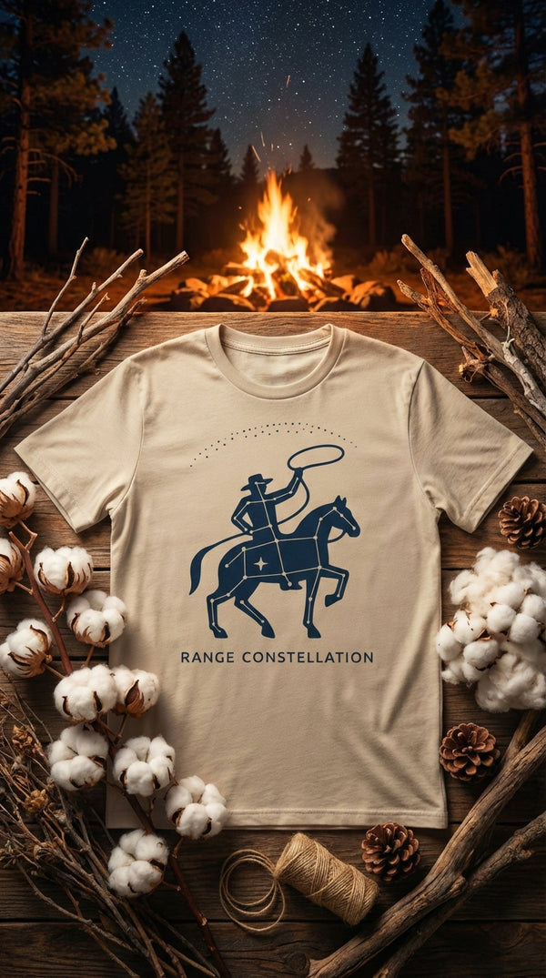 Range Constellation Cowboy T-Shirt – Organic Cotton Western Star Map Tee - GOTS Certification Hero in Campfire at Night - 90s Retro Sustainable