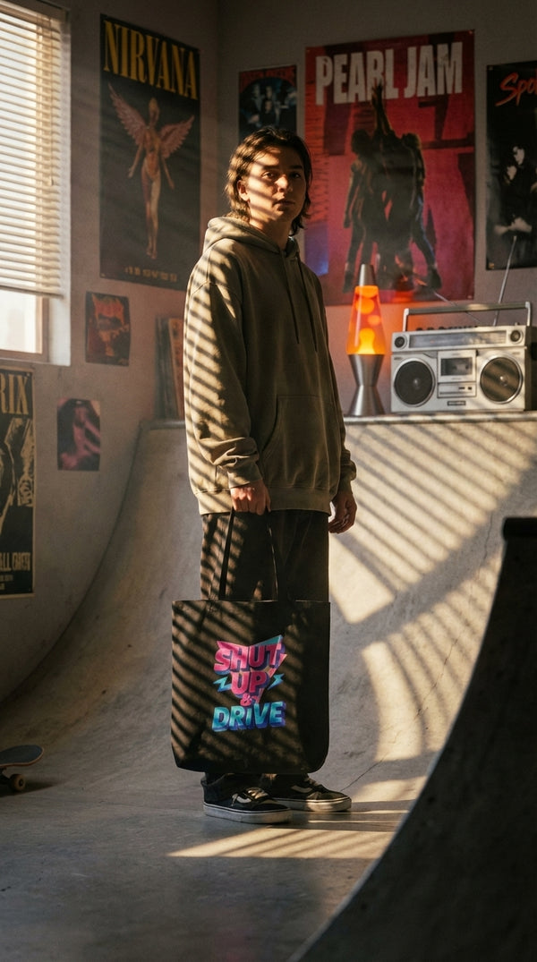Shut Up & Drive Eco Tote - Urban Skater in 90s Teenage Bedroom - Eco-Aesthetic Lifestyle