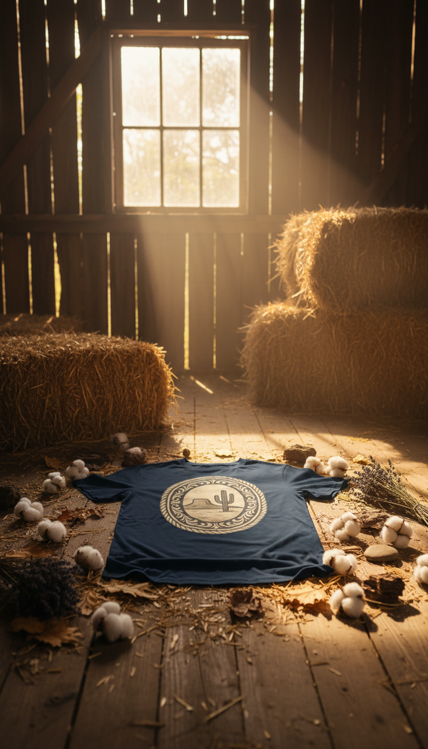 Desert Cameo in Sepia Tones Unisex Organic T-Shirt - GOTS Certification Hero in Rustic Barn - 90s Retro Sustainable