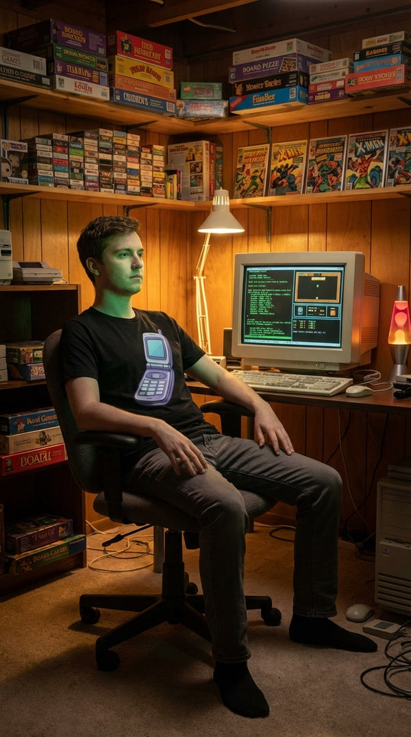 Retro Purple Flip Phone Organic Cotton T-Shirt - 90s Retro Hacker in Cozy Game Den - 90s Grunge Revival