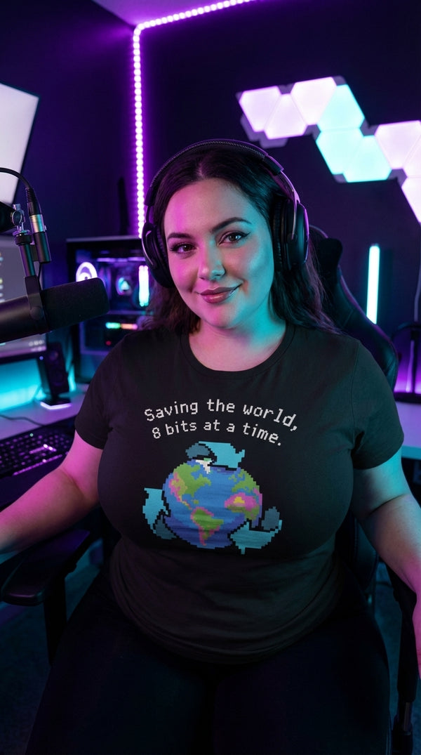 Pixel Earth GOTS-certified organic cotton tee worn in a rgb gaming room — kitchen table legend
