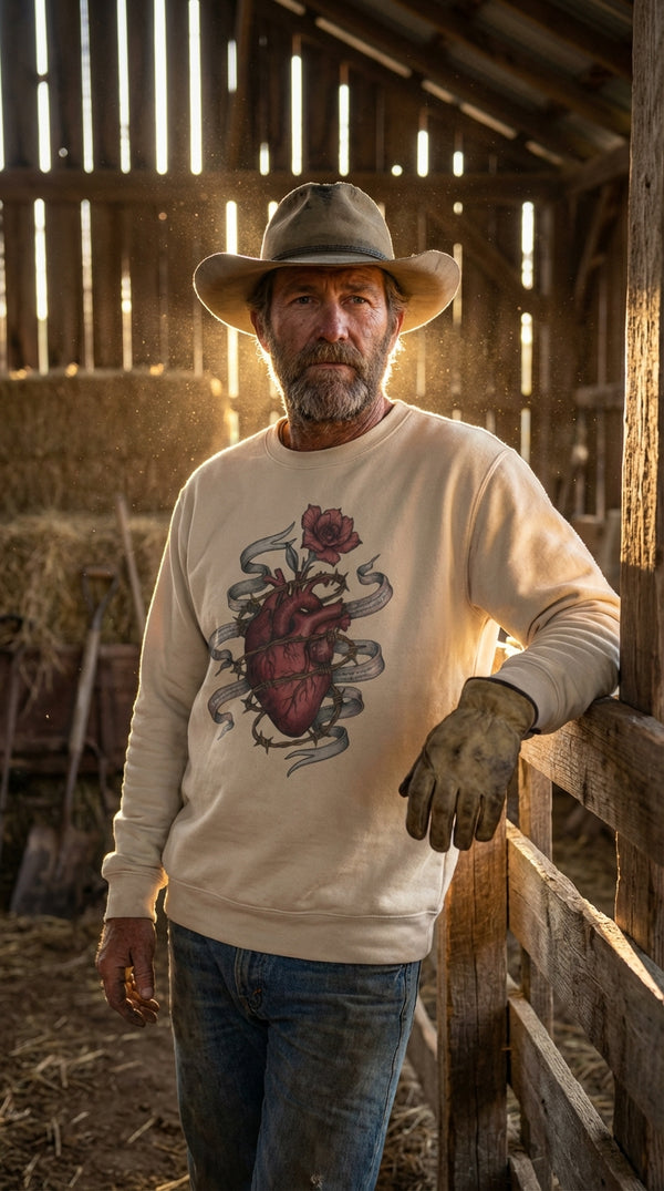 Barbed Heart & Rose Organic Sweatshirt - Western Gothic - Modern Rancher in Rustic Barn - Eco-Aesthetic Lifestyle