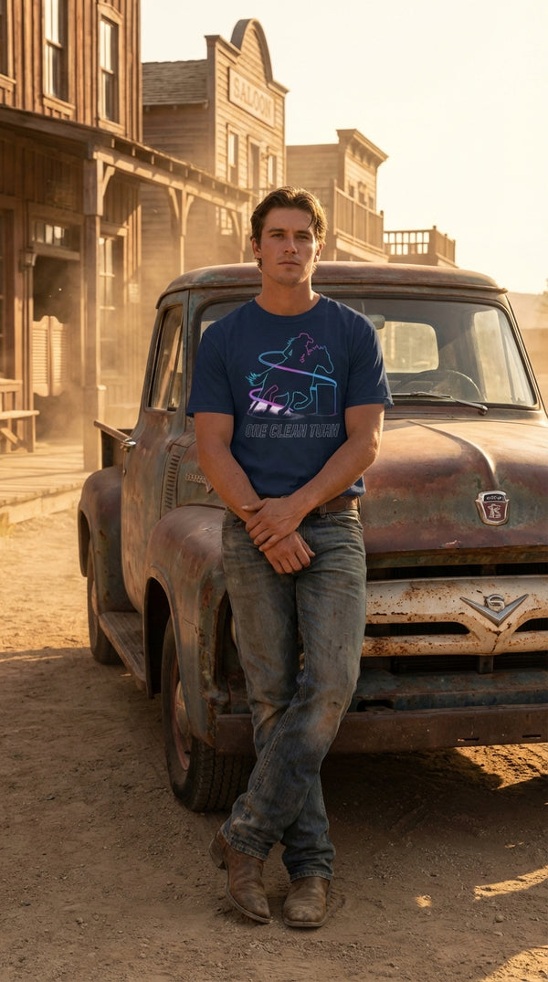 Neon Cowgirl Barrel Racing T-Shirt – One Clean Turn Western Tee - Pickup Truck Lean in Western Town - 90s Retro Sustainable