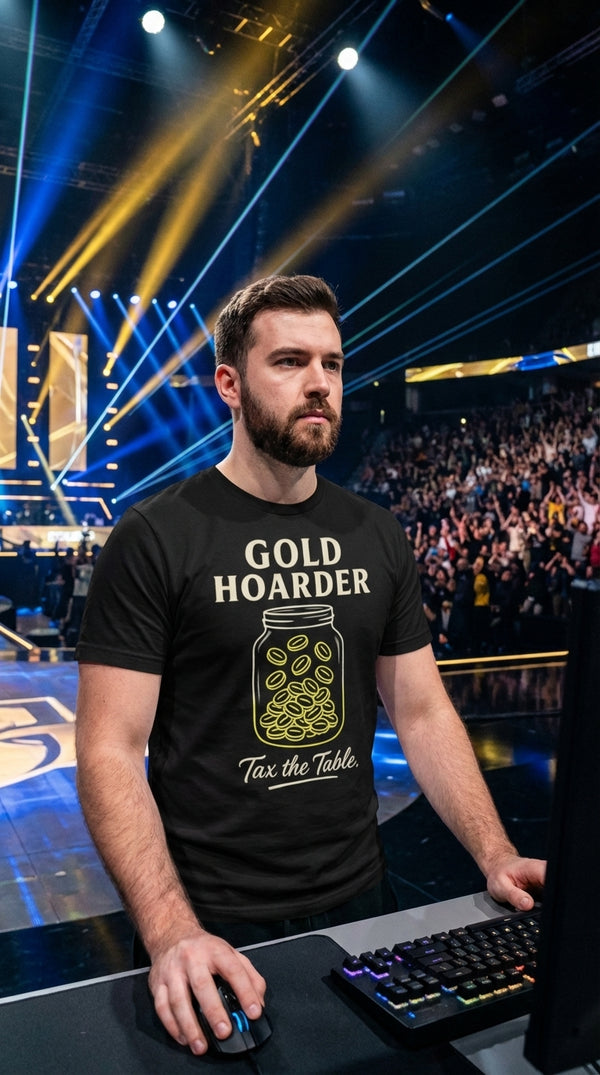 Organic Cotton T-Shirt Unisex Gold Hoarder Taxing Mage Tee - Esports Pro in Esports Arena - The Tournament Grinder