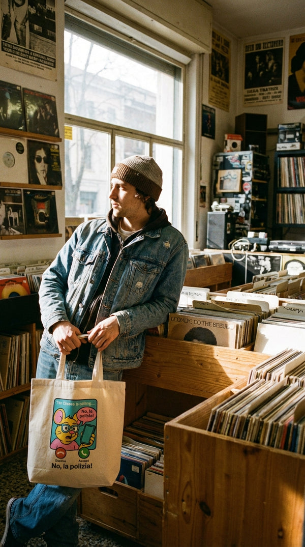 Organic Cotton Tote - Tim Cheese No La Polizia - Urban Skater in Vintage Record Store - 90s Retro Sustainable