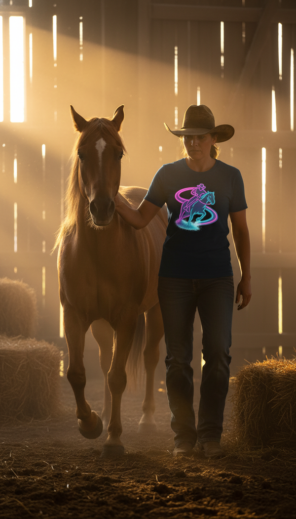 Neon Barrel Racing Energy Organic Cotton T-Shirt - Trail Rider in Rustic Barn - 90s Retro Sustainable
