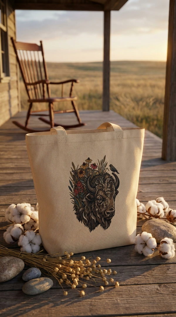Vintage Bison and Wildflower Organic Cotton Tote Bag - GOTS Certification Hero in Ranch Porch - Stop-Motion Nostalgia
