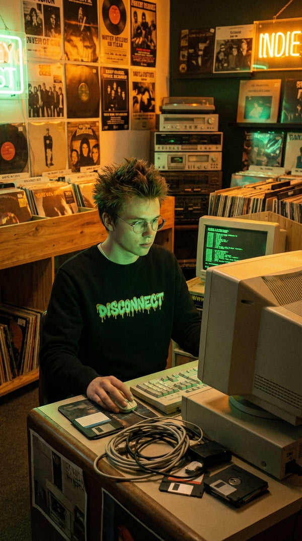 Disconnect Y2K Slime Graphic Organic Cotton Sweatshirt - 90s Retro Hacker in Vintage Record Store - 90s Grunge Revival