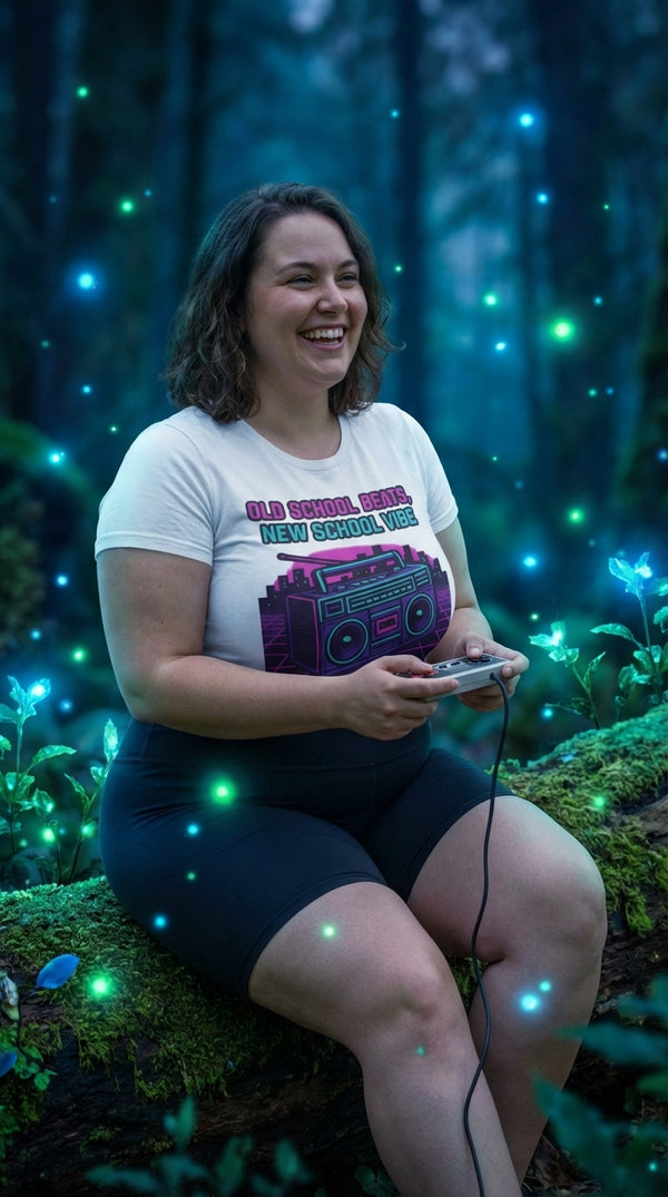 Old School Beats New School Vibe - Organic Cotton T-Shirt - Retro Plus Arcade in Fantasy Mana Forest - Cinematic Showcase