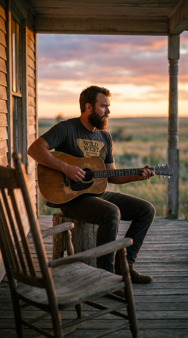 Wild West Revival Organic Cotton Tote Bag - Acoustic Guitarist in Ranch Porch - Eco-Aesthetic Lifestyle