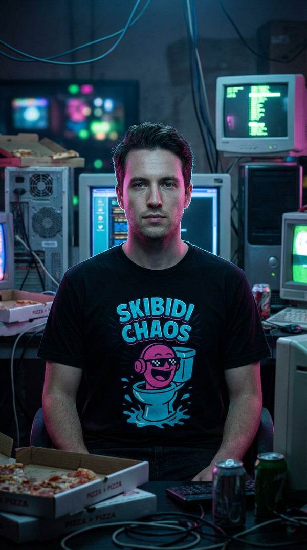 Organic Ring-Spun Meme Tee - Skibidi Chaos - Male Streamer in 90s LAN Party - 90s Retro Sustainable