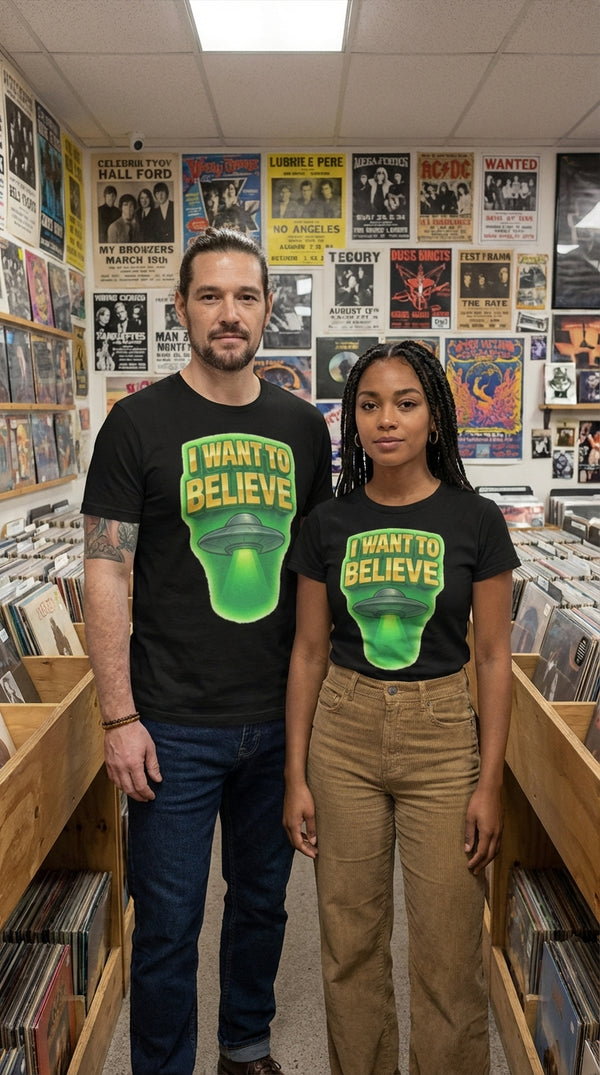Organic Cotton 'I Want to Believe' UFO Tee - Couple / Duo in Vintage Record Store - 90s Retro Sustainable
