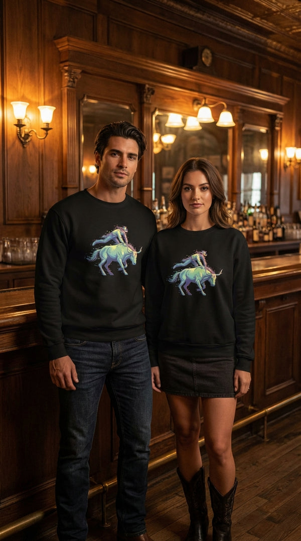 Neon Rodeo Bull Organic Cotton Sweatshirt - Couple / Duo in Saloon Interior - Eco-Aesthetic Lifestyle