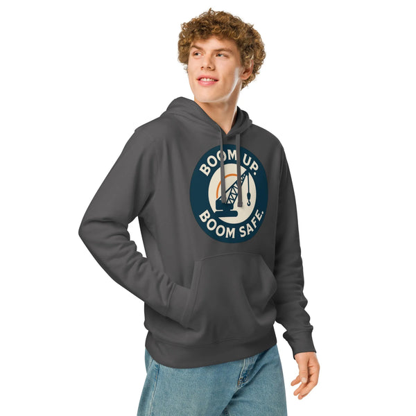 "Boom Up Boom Safe" Organic Hoodie | Crane Operator Edition - Sustainable Organic Design | Primary Mockup Front View