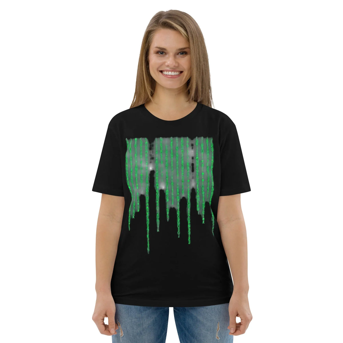 Code Drip Organic Cotton Tee | Minimalist Neo-Noir Design - Sustainable Organic Design | Primary Mockup Front View