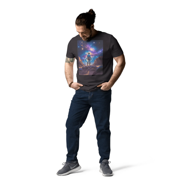 Cosmic Cowboy Organic Cotton T-Shirt - Western Space Art Tee - Design Delight Studio