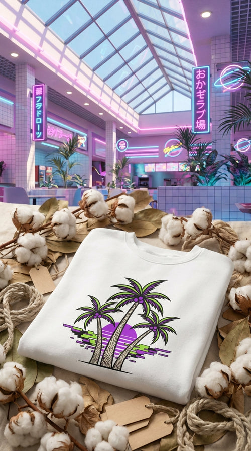 Neon Palms Vaporwave Organic Sweatshirt - Hero in 90s Mall Food Court - 90s Retro Sustainable