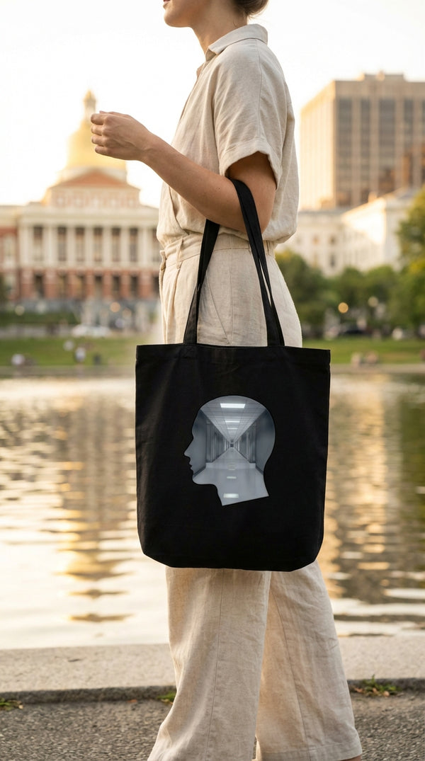 Conscious Corridor Organic Cotton Tote Bag - Female Model in Boston Frog Pond - GenZ Ethical Hype