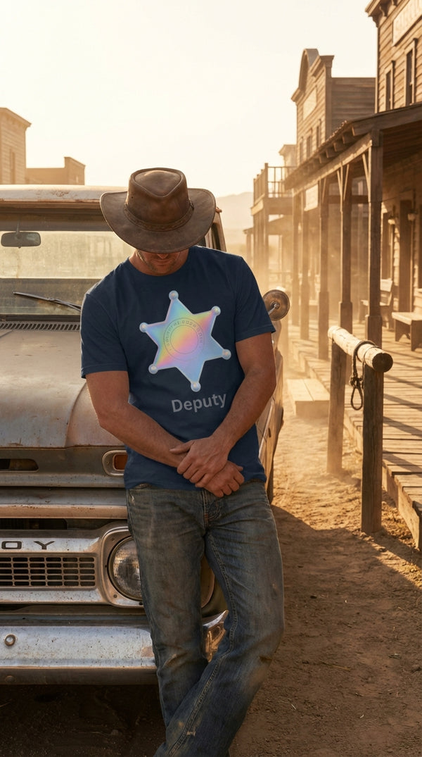 Deputy Holographic Badge T-Shirt – Western Neon Sheriff Style - Pickup Truck Lean in Western Town - 90s Retro Sustainable