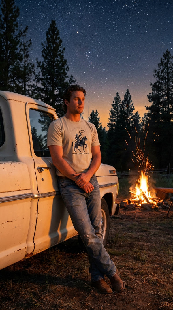 Range Constellation Cowboy T-Shirt – Organic Cotton Western Star Map Tee - Pickup Truck Lean in Campfire at Night - 90s Retro Sustainable