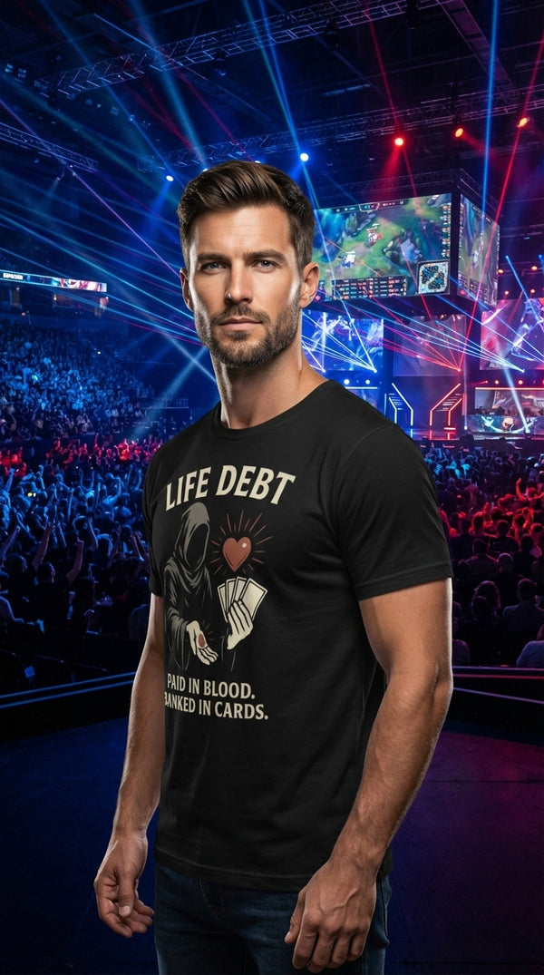 Life Debt Blood Pact Organic Tee - Male Model in Esports Arena - Card Shop Duel