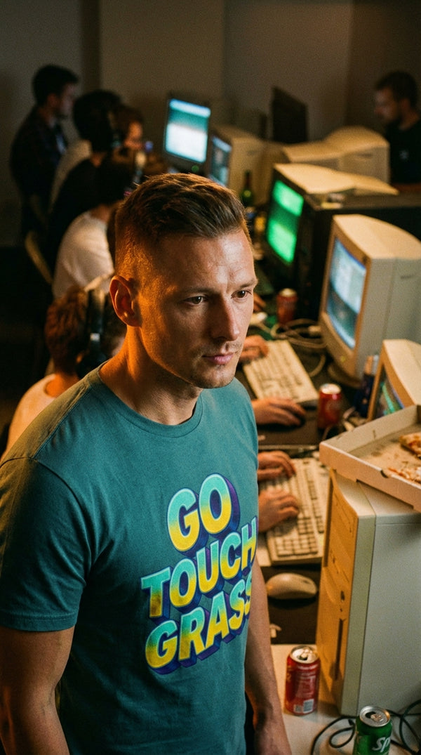 Organic Cotton 'Go Touch Grass' Retro Tee - 90s Retro Hacker in 90s LAN Party - 90s Retro Sustainable