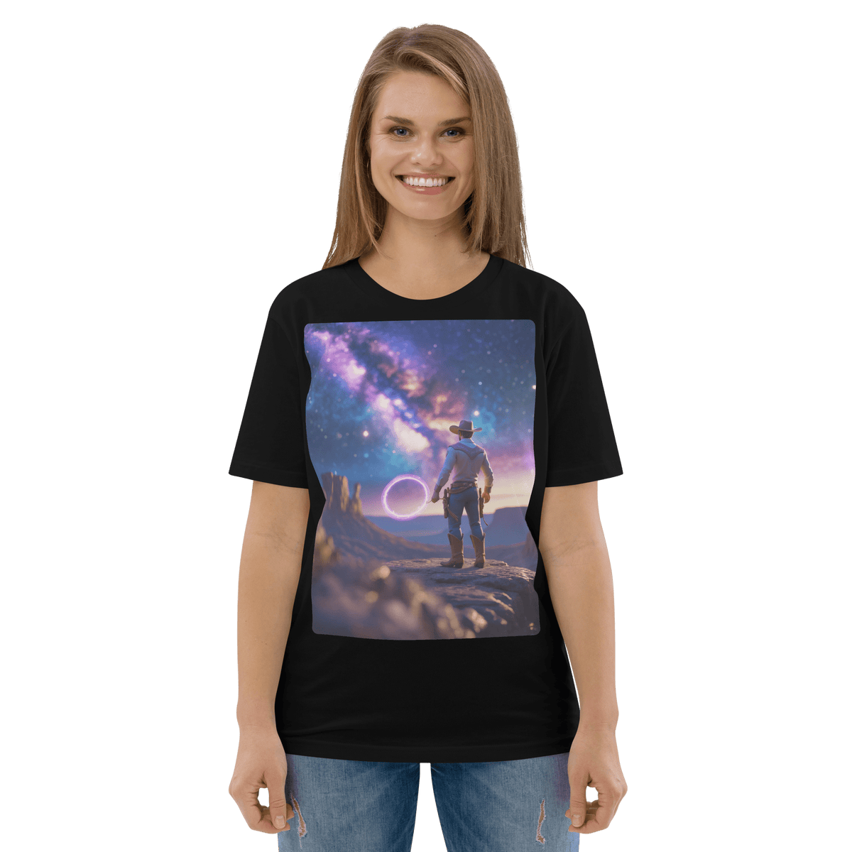 Cosmic Cowboy Organic Cotton T-Shirt - Space Western Graphic Tee - Design Delight Studio