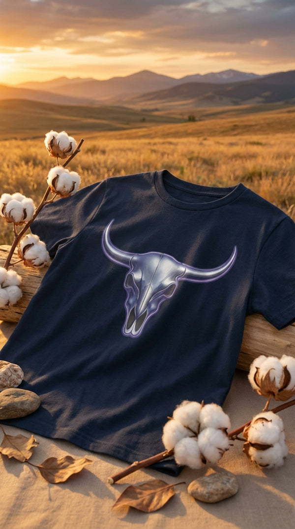 Chromatic Longhorn Skull Organic Cotton T-Shirt - GOTS Certification Hero in Open Range - 90s Retro Sustainable