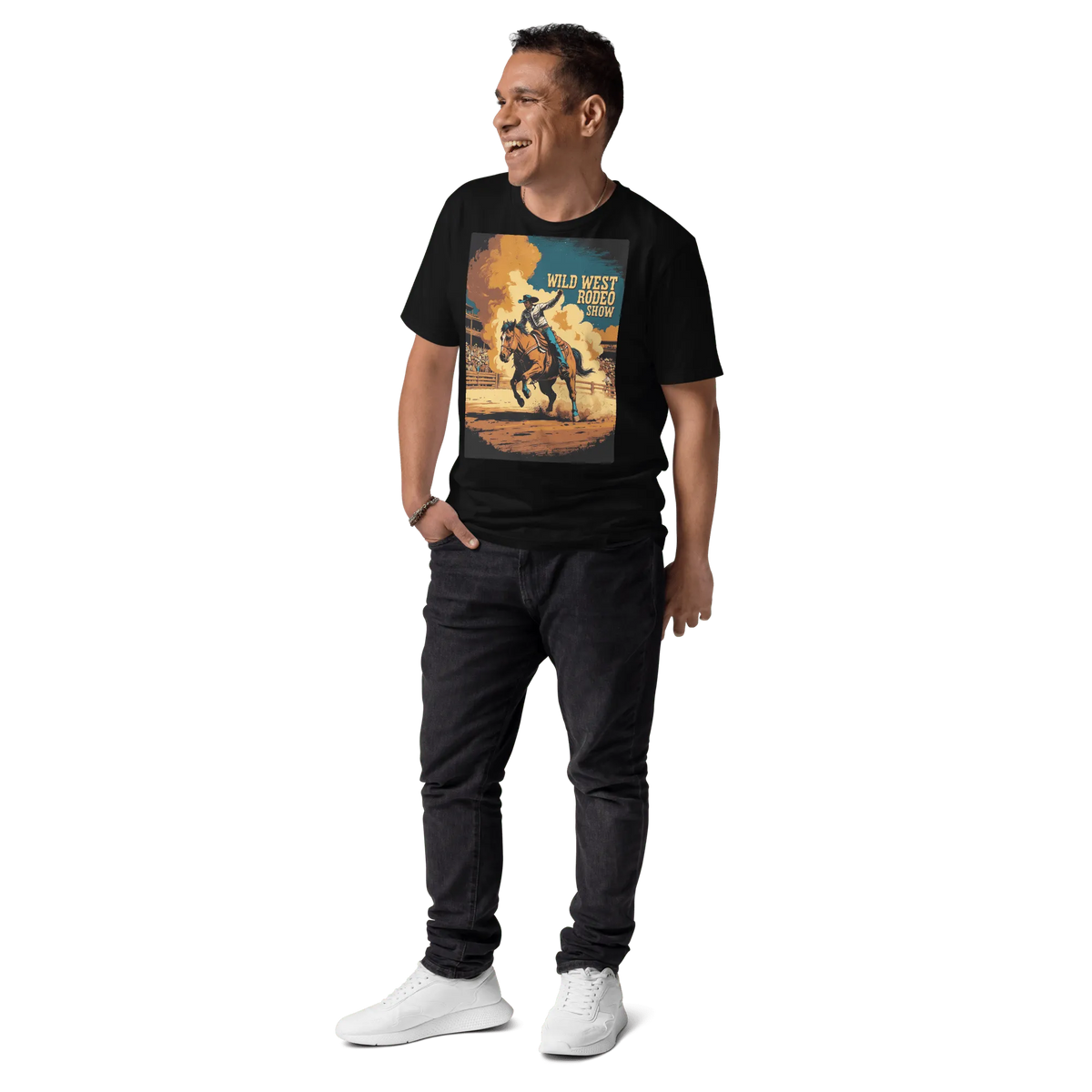 Vintage Wild West Rodeo Show Organic Cotton T-Shirt | Cowboy Bronc Rider Graphic Tee - Design Delight Studio