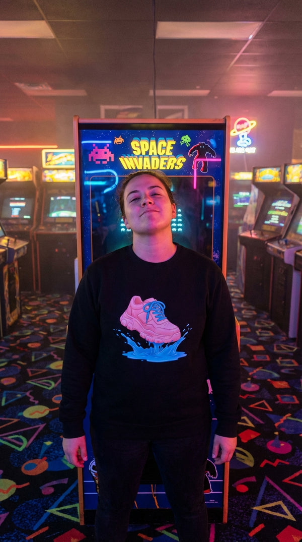 Retro Sneaker Splash Organic Cotton Sweatshirt - Arcade Champion in Neon Arcade Alley - 90s Grunge Revival
