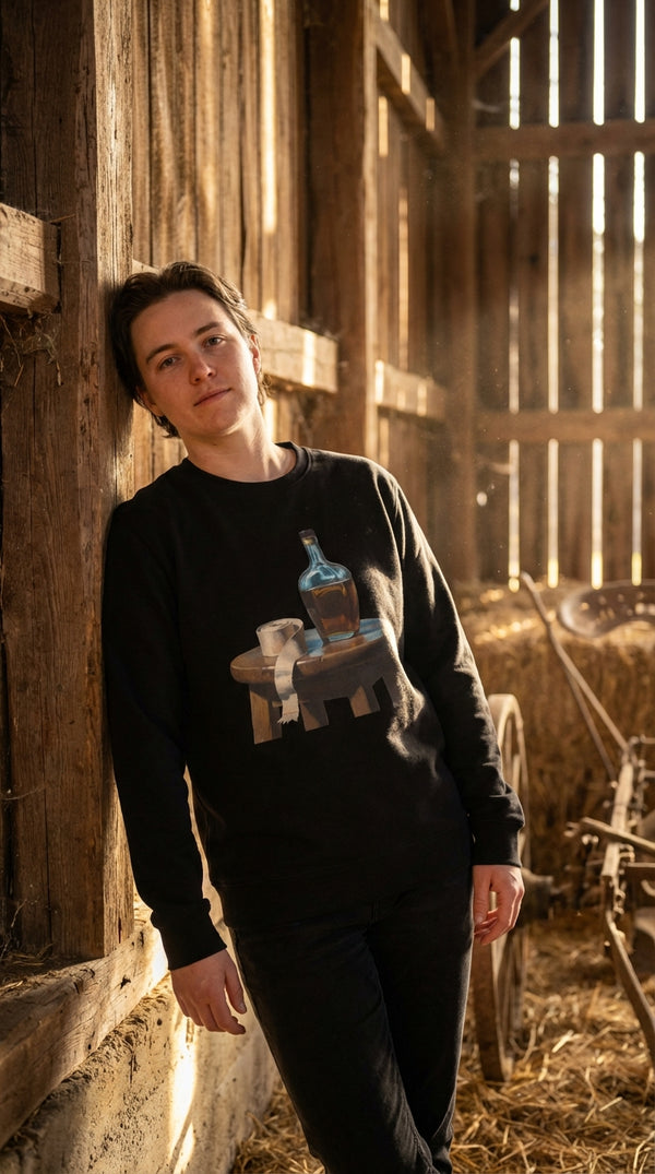 Western Saloon Still Life Organic Cotton Sweatshirt - Cowgirl Model in Rustic Barn - Eco-Aesthetic Lifestyle