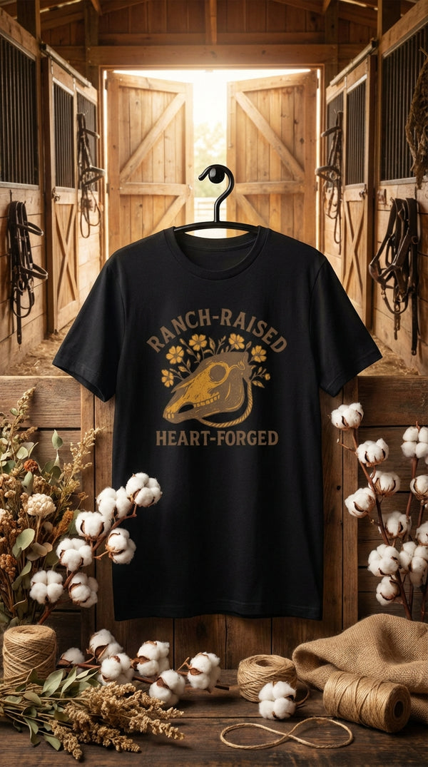 Organic Cotton T‑shirt – Ranch-Raised Heart-Forged - GOTS Certification Hero in Horse Stable - 90s Retro Sustainable