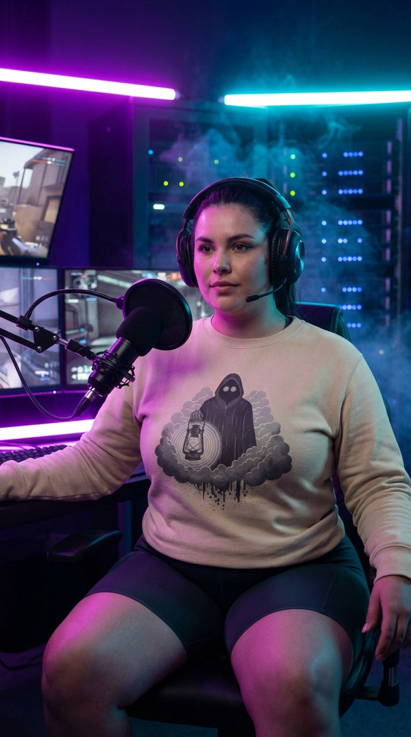 Hypnotic Reaper Organic Cotton Sweatshirt - Neon Plus Streamer in Cyberpunk Server Room - Mana Color Aesthetic