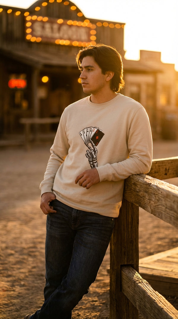 Skeleton Poker Hand Organic Cotton Crewneck Sweatshirt - Cowgirl Model in Saloon Interior - Eco-Aesthetic Lifestyle