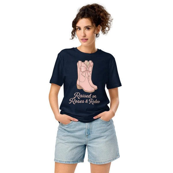 Raised on Roses & Rodeo Organic Tee | Cowboy Renaissance - Sustainable Organic Design | Primary Flat-lay Front View