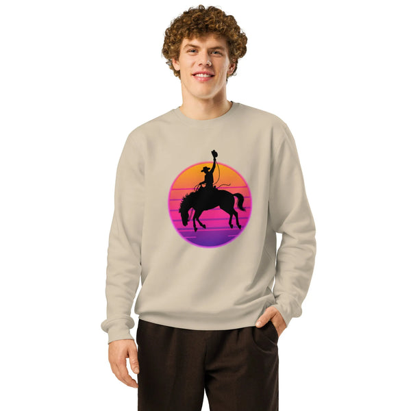 Neon Bronco Organic Sweatshirt | Retro Western & Synthwave Style - Sustainable Organic Design | Primary Mockup Front View