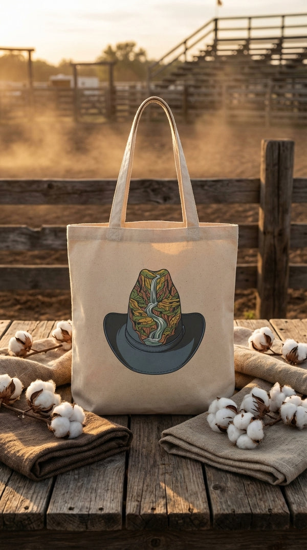 Western Canyon Waterfall Cowboy Hat Organic Cotton Tote Bag - GOTS Certification Hero in Rodeo Arena - Cinematic Showcase