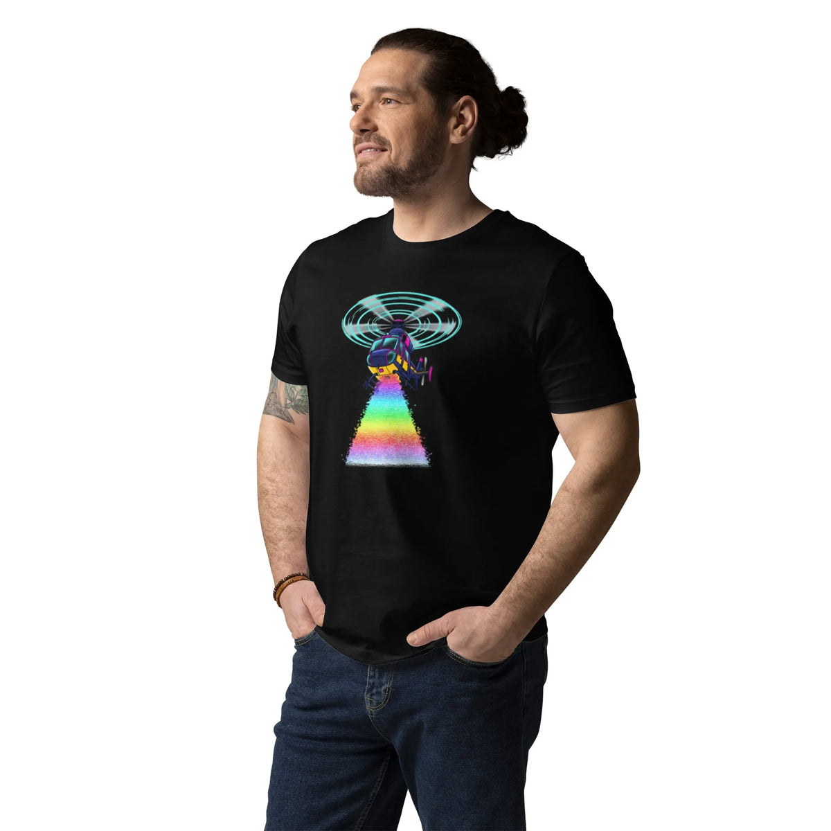 Synthwave Helicopter Organic Cotton Graphic T-Shirt - Sustainable Organic Design | Primary Mockup Front View