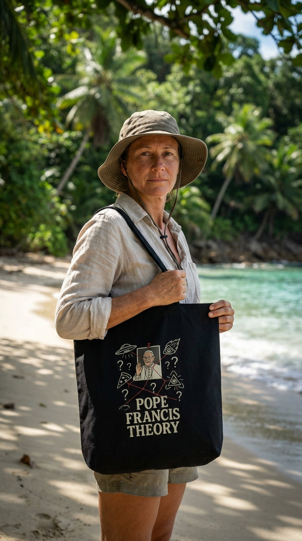 Organic Cotton Tote - Pope Francis Theory - Eco-Hiker in Sunny Beach - 90s Retro Sustainable