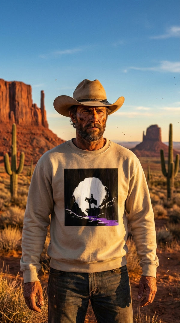 Lone Rider Organic Cotton Sweatshirt - Western Noir Style - Cowboy Model in Desert Canyon - Eco-Aesthetic Lifestyle