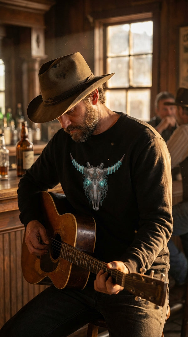 Cyber Bull Skull Organic Cotton Sweatshirt - Acoustic Guitarist in Saloon Interior - Eco-Aesthetic Lifestyle